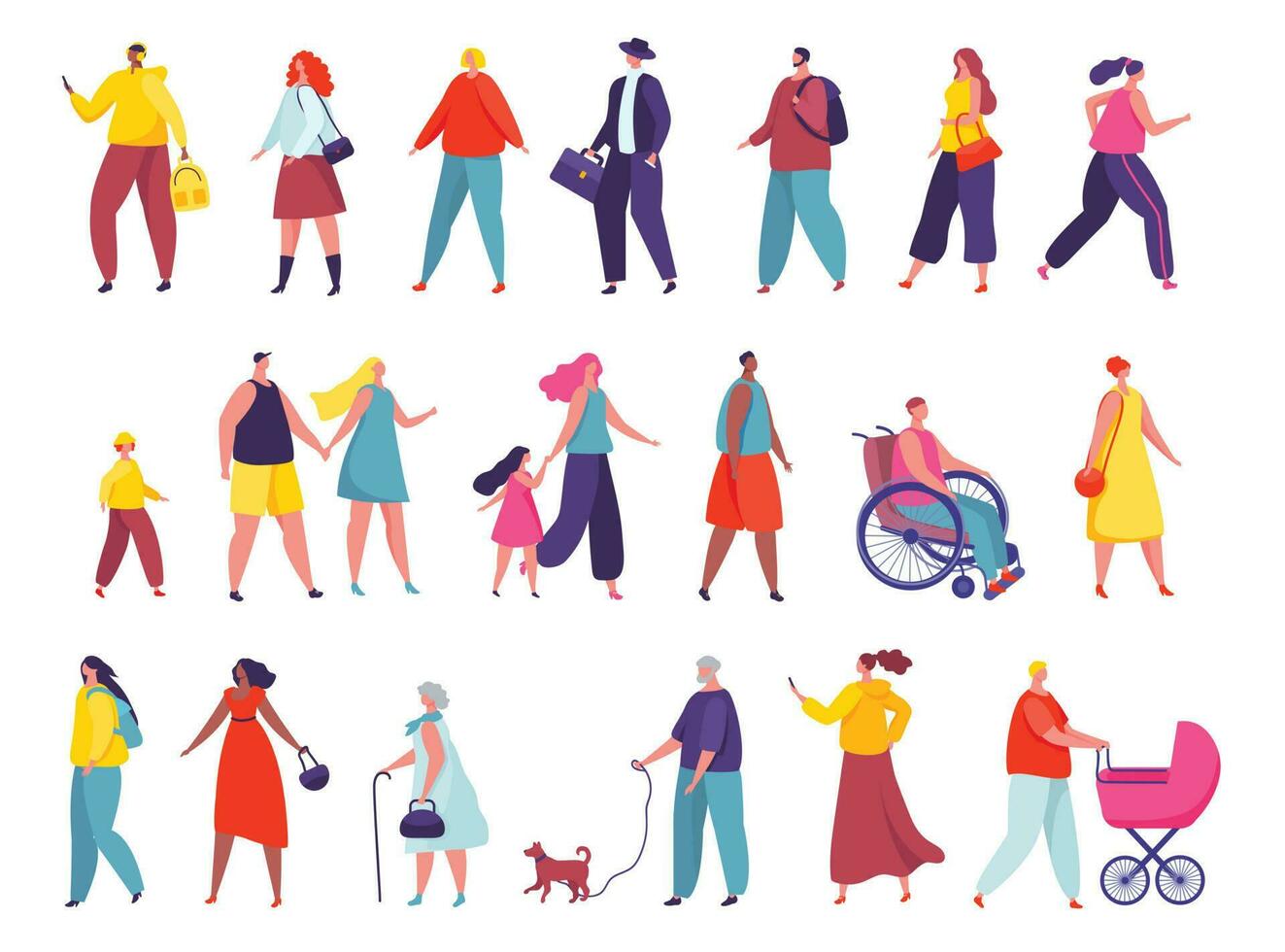 Active people walking on city street or park, stylish characters outdoor. Man walking dog, woman jogging, parents with kids on walk vector set