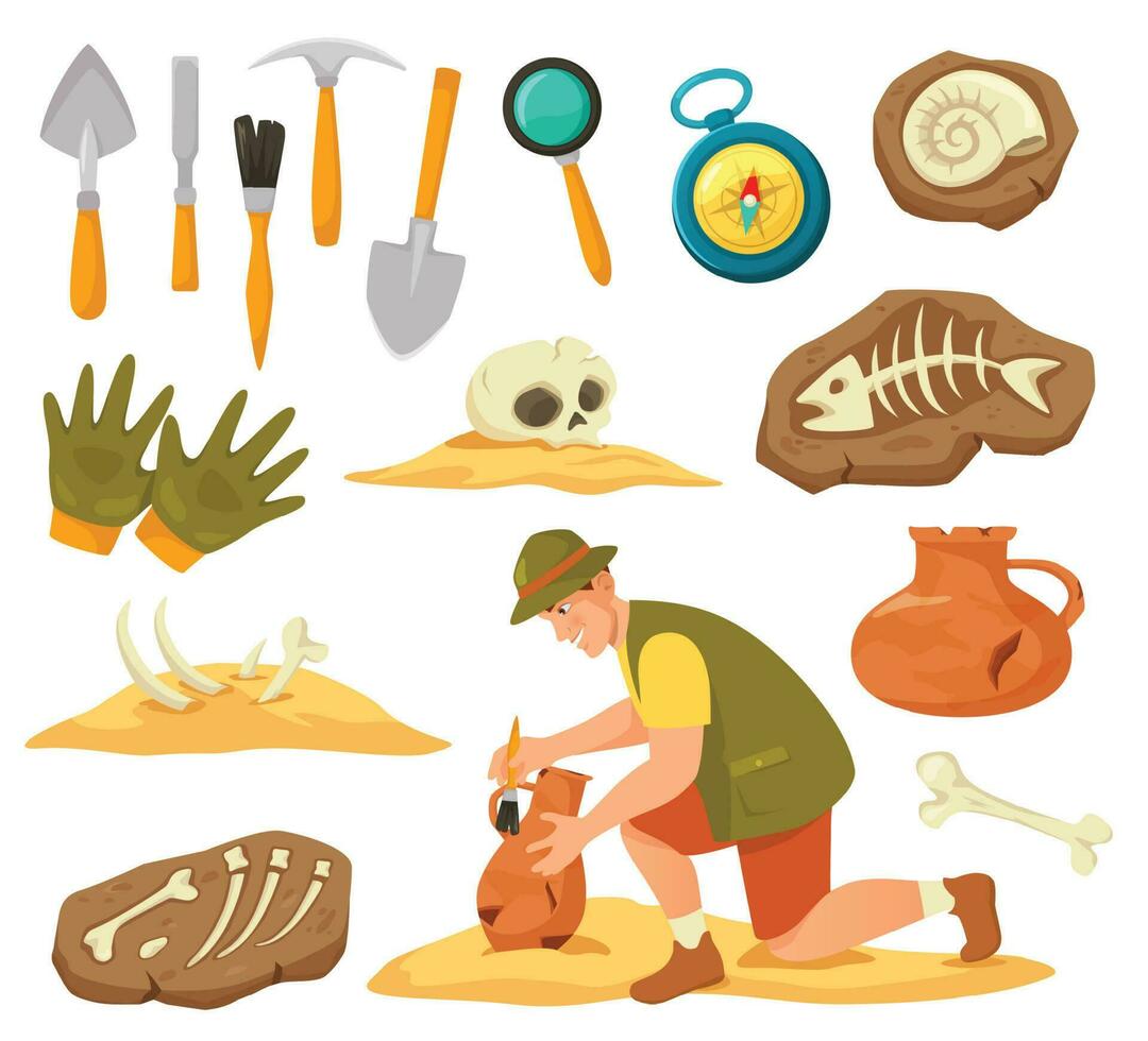 Cartoon archeology elements and equipment, archaeologist at work. Archeological expedition tools, ancient vase, fossils and bones vector set