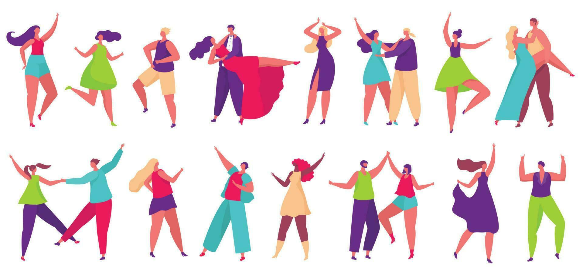 Dancer couples dance tango, people dancing and having fun. Happy characters partying and celebrating, professional dancers vector set