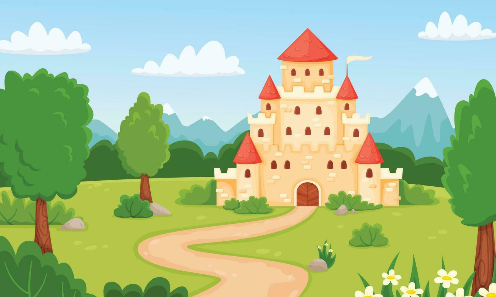 dibujos animados medieval castillo, cuento de hadas paisaje con princesa palacio. magia Reino fortaleza en bosque, niños hada cuento vector ilustración