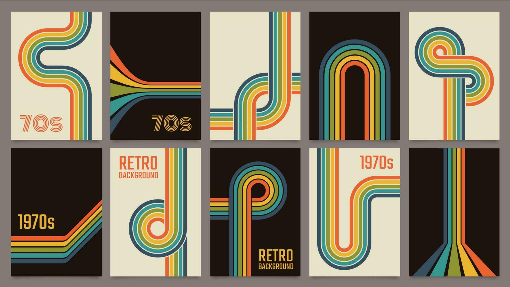 retro 70s geométrico carteles, Clásico arco iris color líneas impresión. maravilloso a rayas diseño póster, resumen 1970 vistoso antecedentes vector conjunto