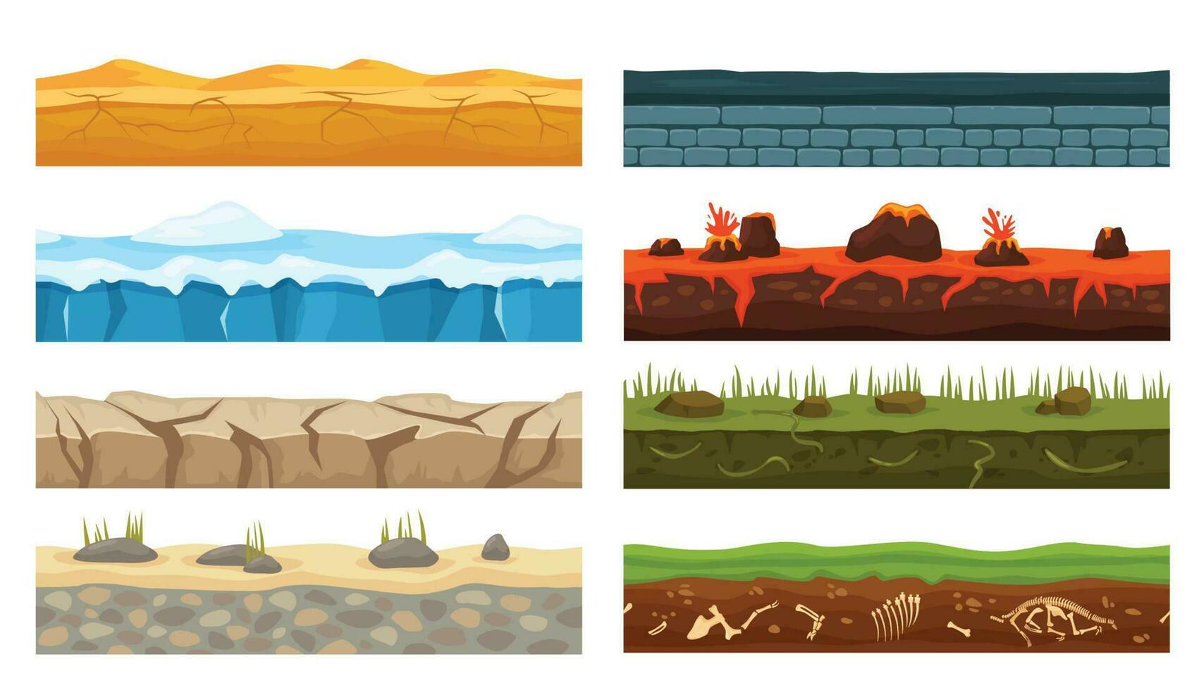 Cartoon seamless landscape grounds types, game foreground elements. Lava, ice, desert, grass ground layer surface texture vector set