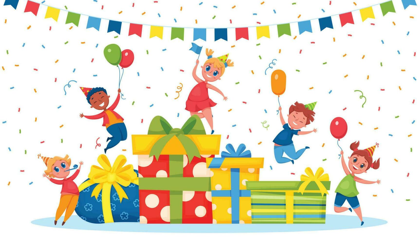 Kids birthday celebrations with pile gift boxes and balloon vector