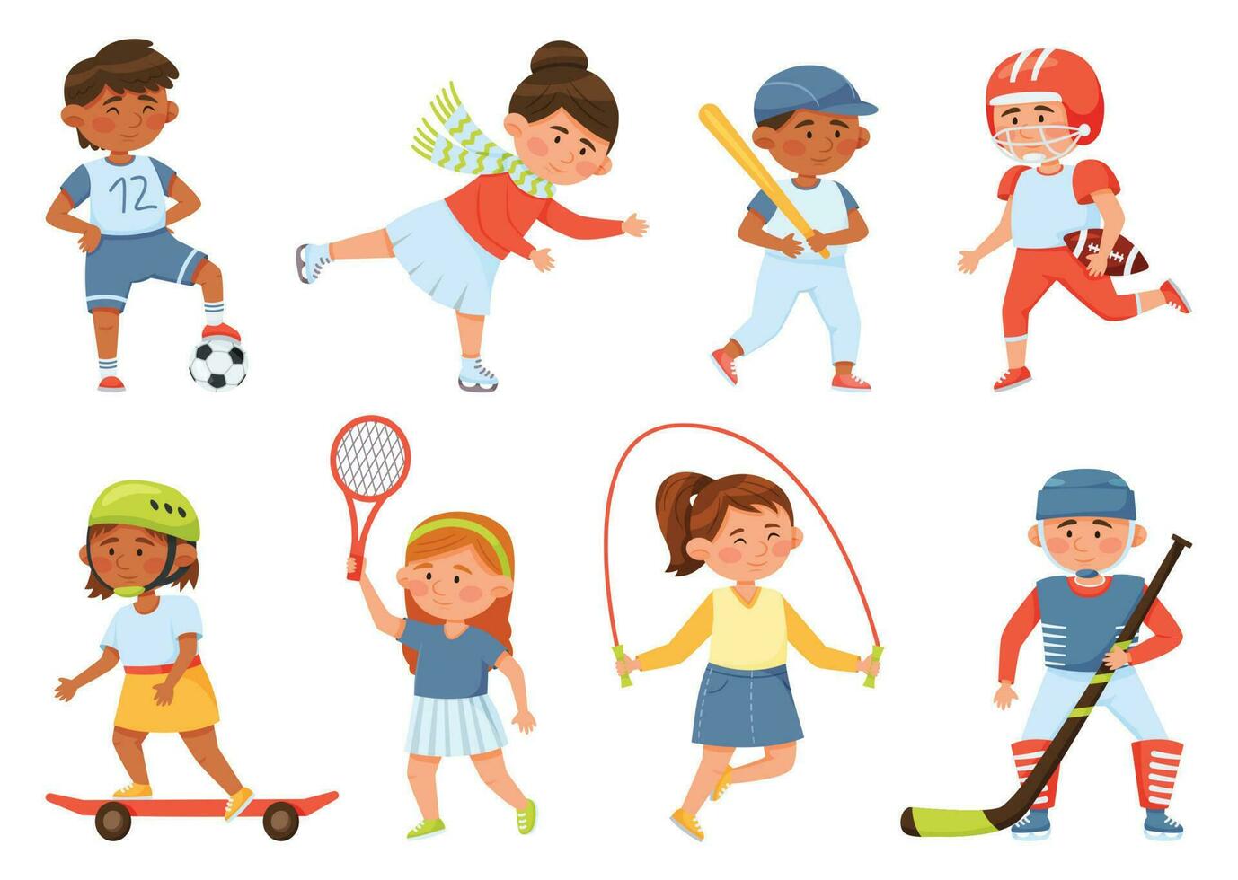 Cartoon happy school children playing sports and exercising. Sport activities for kids baseball, skipping rope, tennis, skateboarding, vector set