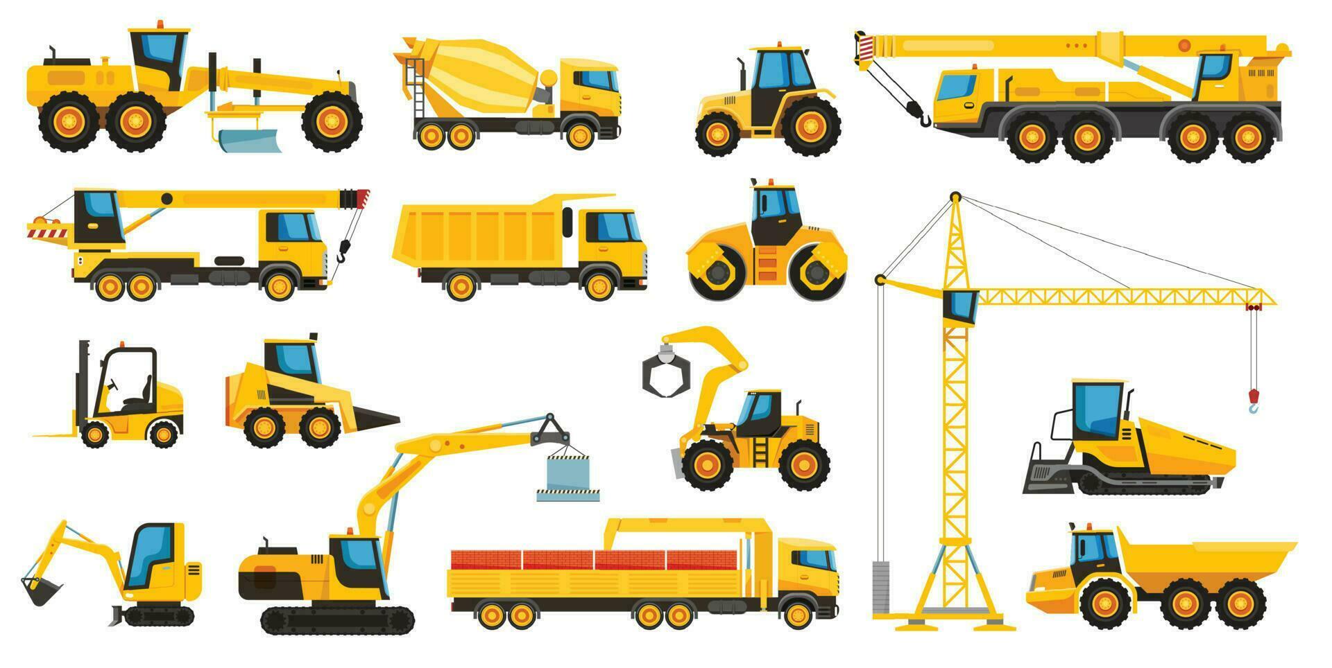 Construction heavy machinery, building equipment and vehicles. Forklift, excavator, crane, tractor, bulldozer, excavator vector set