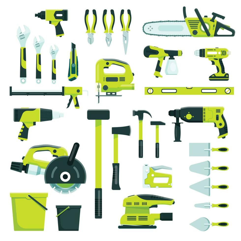 Working tools, construction and repair equipment, building instruments. Hammer, wrench, pliers, home renovation carpenter tool vector set