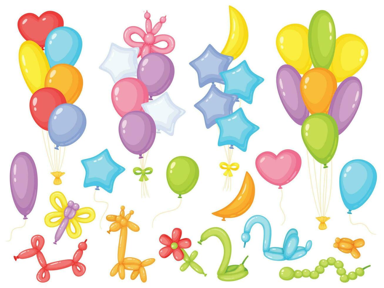dibujos animados globo, día festivo, aniversario o cumpleaños fiesta decoración. vistoso globos en varios formas, niños cumpleaños celebracion vector conjunto