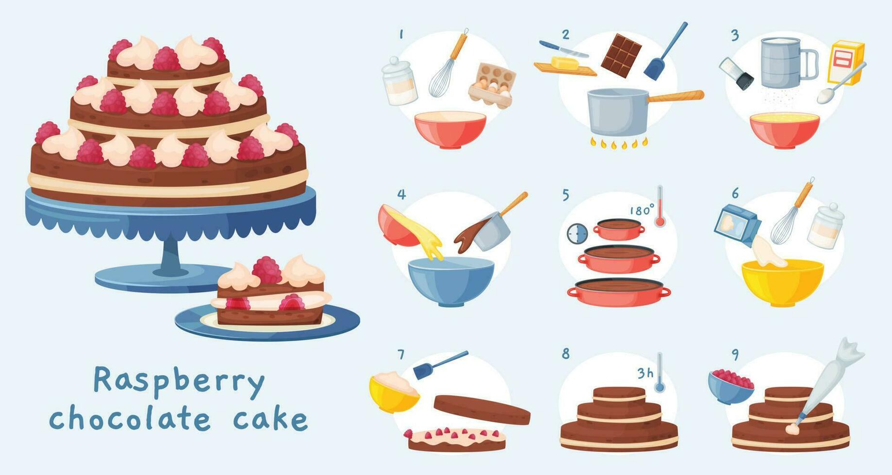 Cake recipe, baking dessert step by step instruction. Delicious birthday chocolate cake with cream, sweet bakery preparation vector illustration