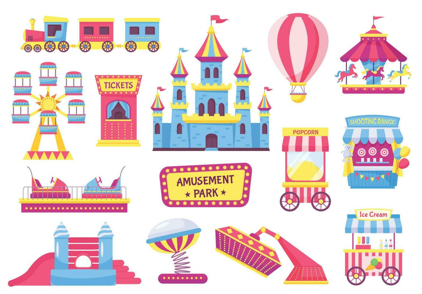 Amusement park elements, festival or carnival fairground games. Roller coaster, train, carousel, circus tent, fair attractions vector set