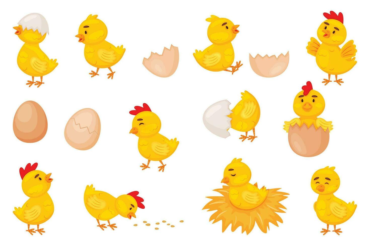 Cartoon baby chickens, easter cute little chicks. Funny newborn chicken in eggshell, chick hatching from egg, farm bird animal vector set