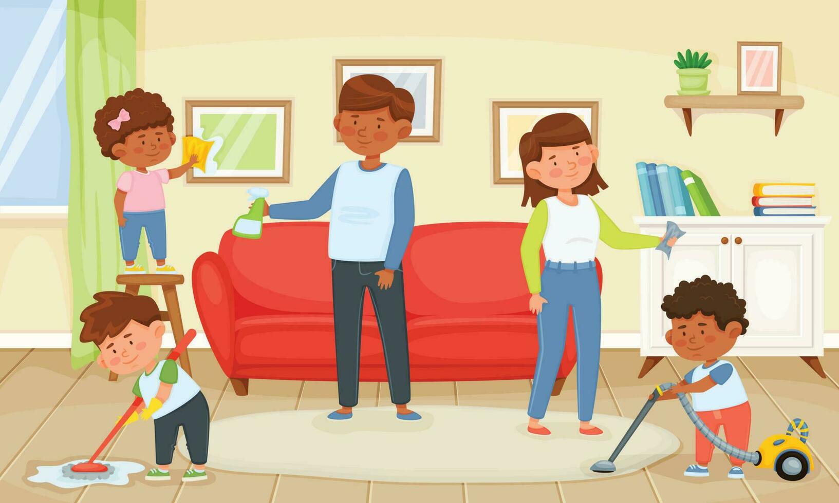 familia limpieza hogar, niños Ayudar padres con tareas del hogar. padre y madre con niños limpiar el polvo y Pasar la aspiradora piso vector ilustración