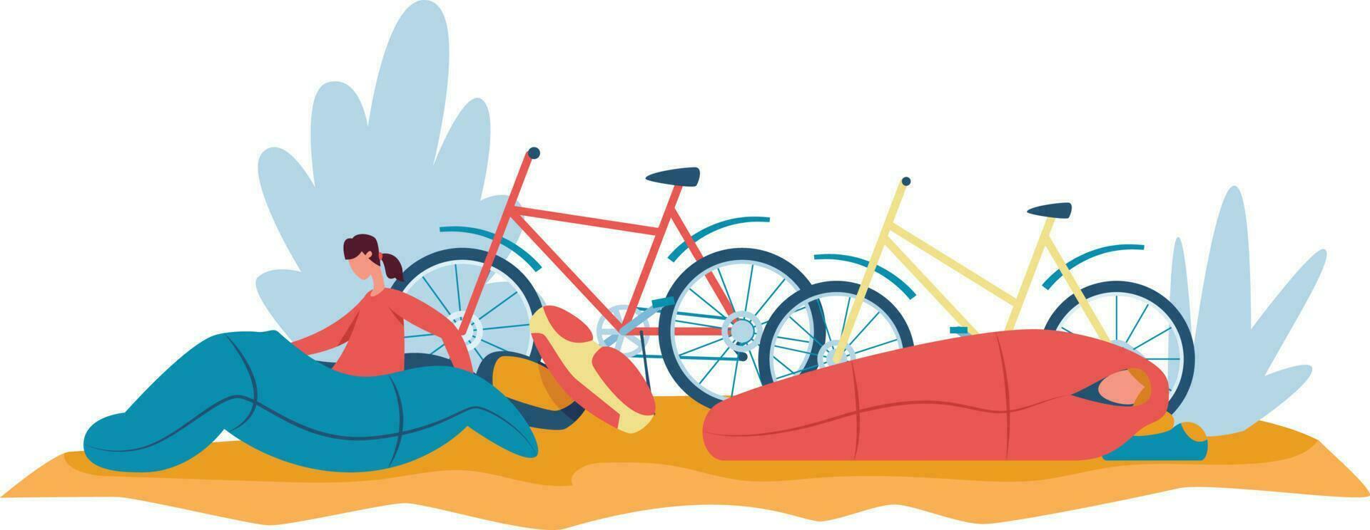 Bicycle weekend trip, people sleep in bags vector