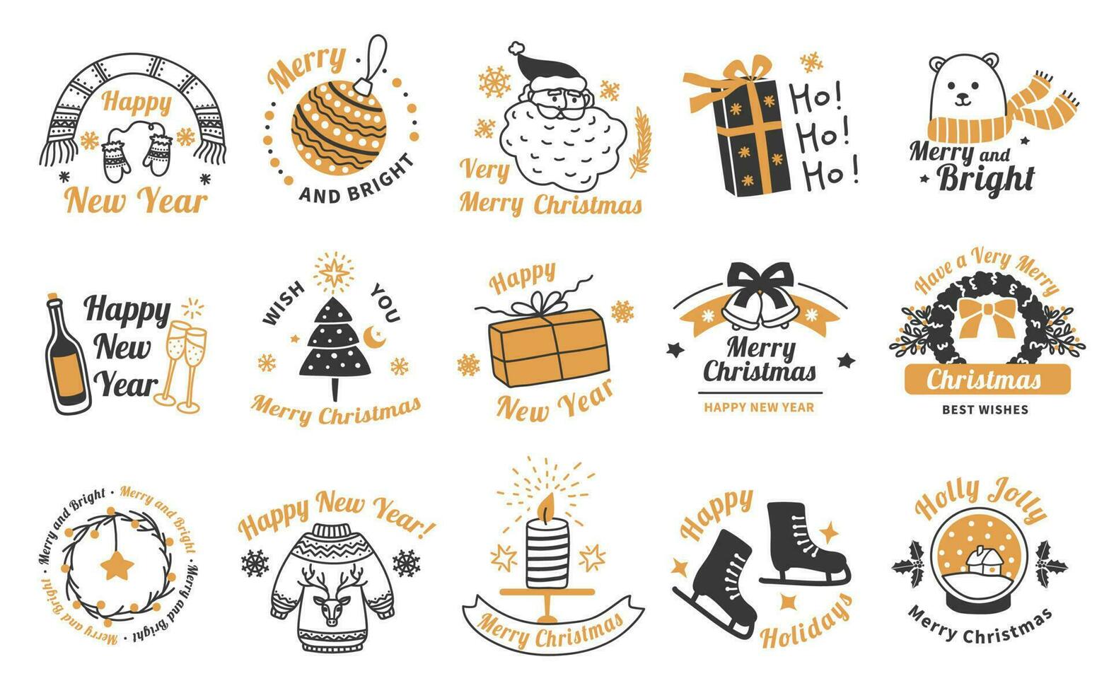 Christmas lettering labels, xmas emblem with hand drawn elements. New year, winter holidays cute badges with santa, gifts, tree toys vector set