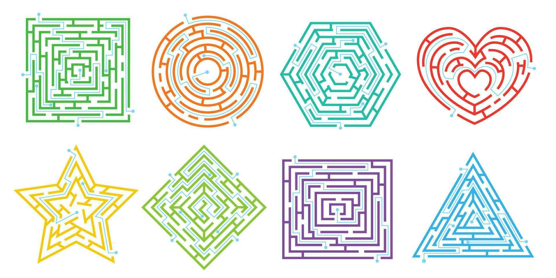 Maze puzzle games in different shapes, simple labyrinths for kids. Route finding game, labyrinth puzzles, find path riddles vector set