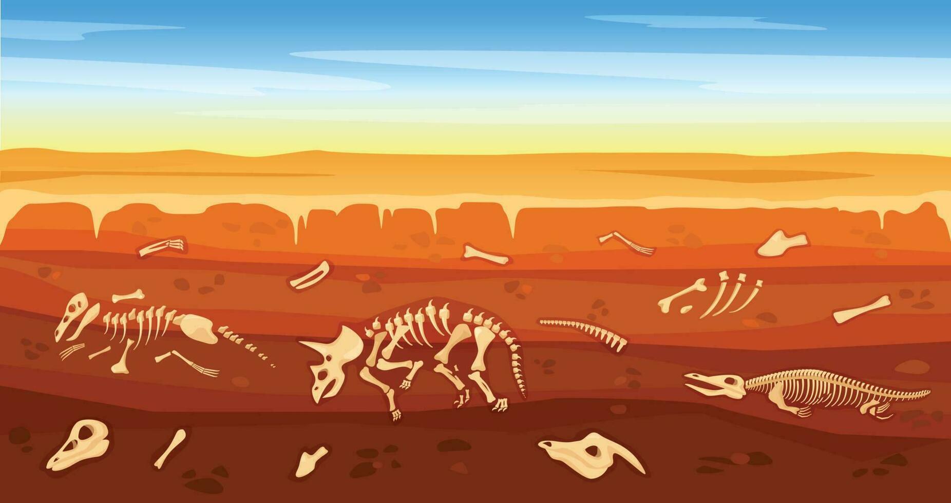 Cartoon dinosaur fossils in ground, buried dinosaurs skeleton. Underground soil cross section with prehistoric skeletons vector illustration