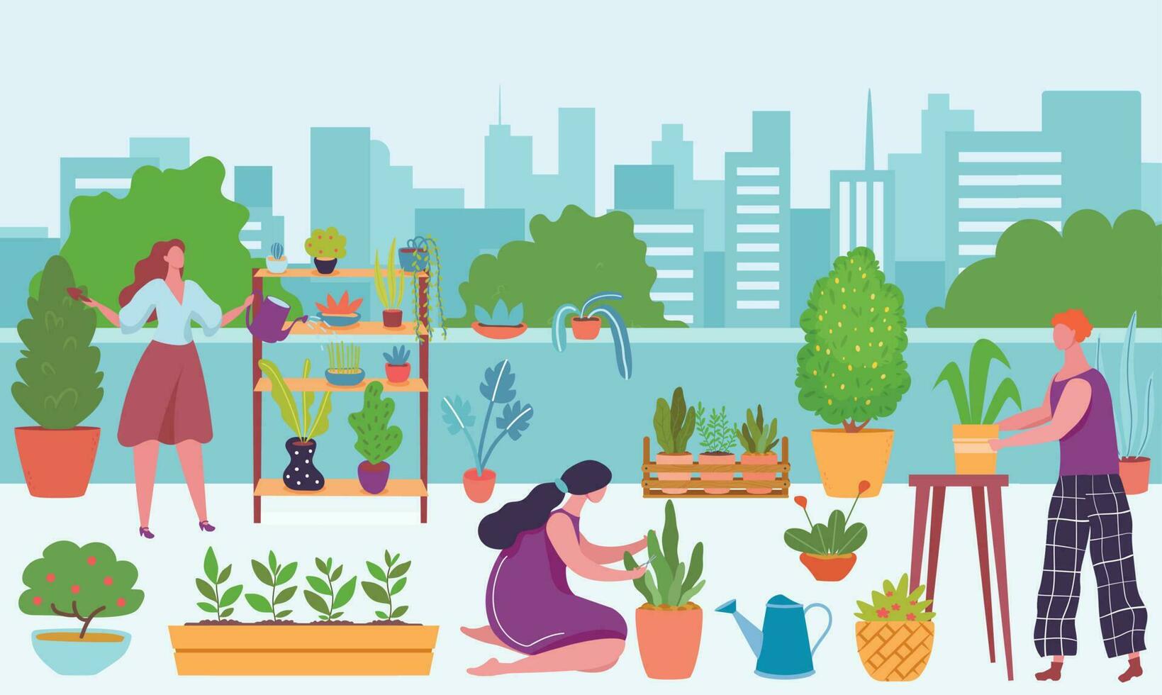 urbano jardinería, personas creciente y riego plantas fuera de vector