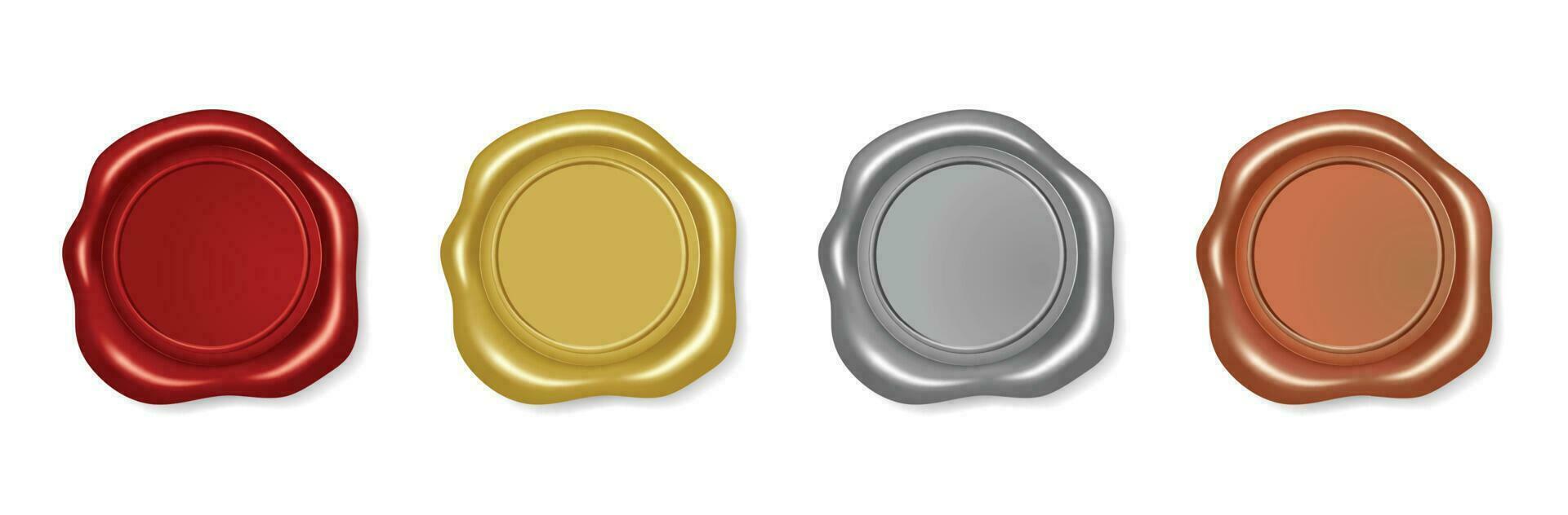 Red and gold wax seal stamp, silver or platinum certificate seals. Realistic wax medallion signature stamps, sealed letter labels vector set