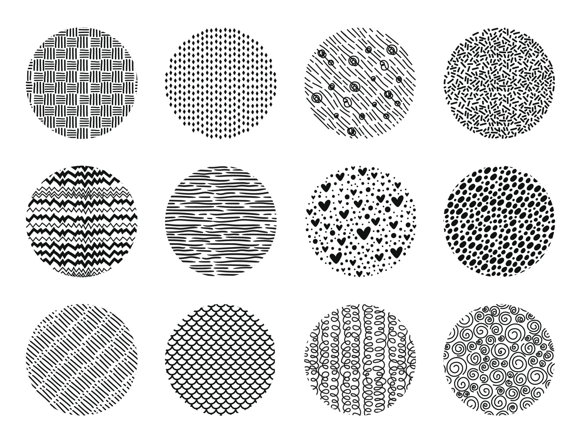 Hand drawn circle scribble textures, abstract round shape doodles