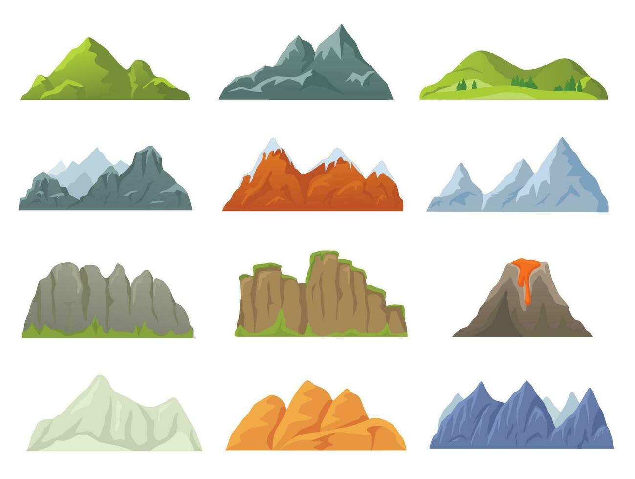 Cartoon rocky mountain top, snowy peak, stone cliff. Mountains ridges in various shapes, volcano, canyon, nature landscape element vector set