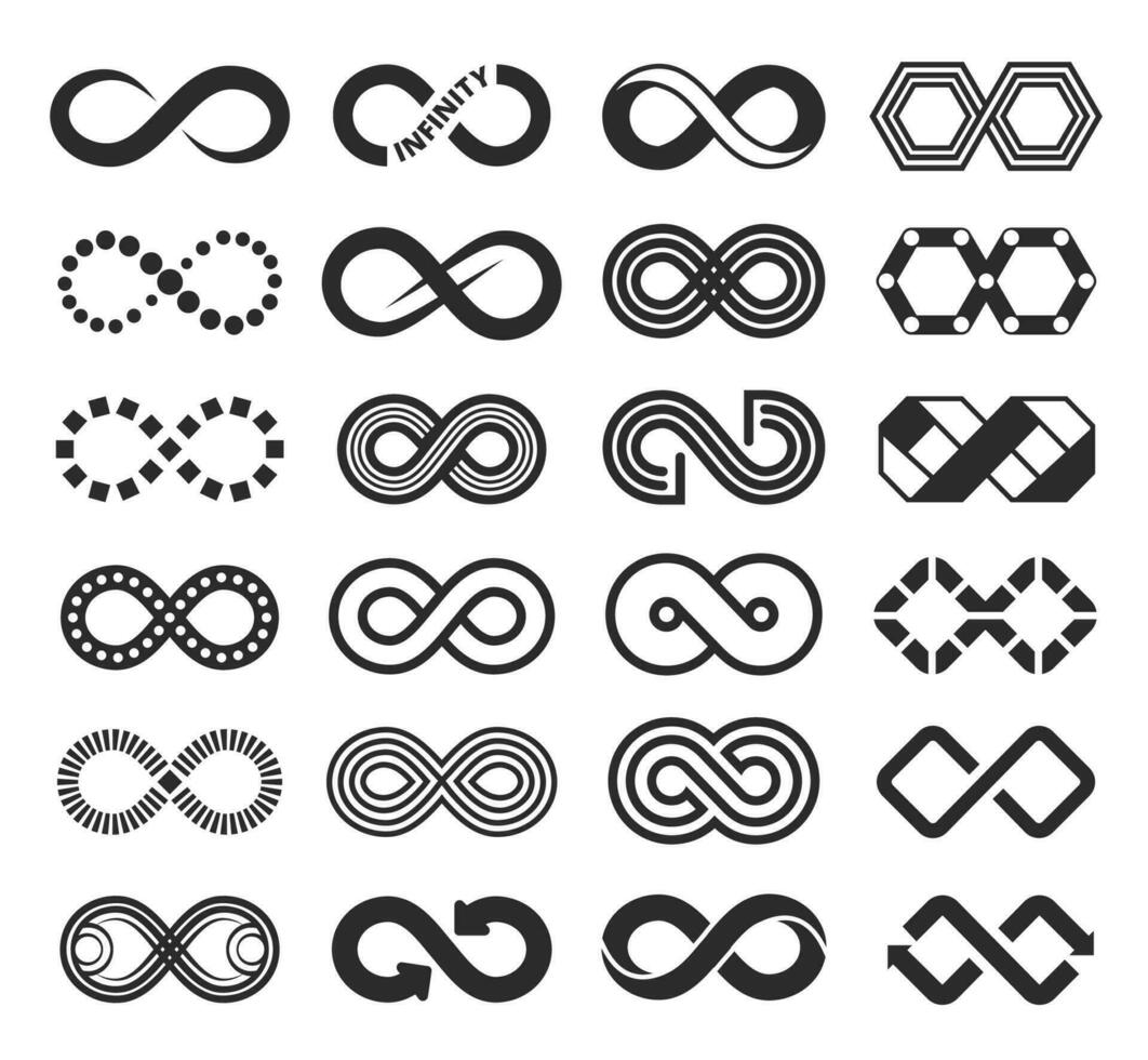 Infinity icon, infinite symbol sign, eternal loop logo. Black unlimited arrow strokes, endless rings, mobius shape symbols vector set