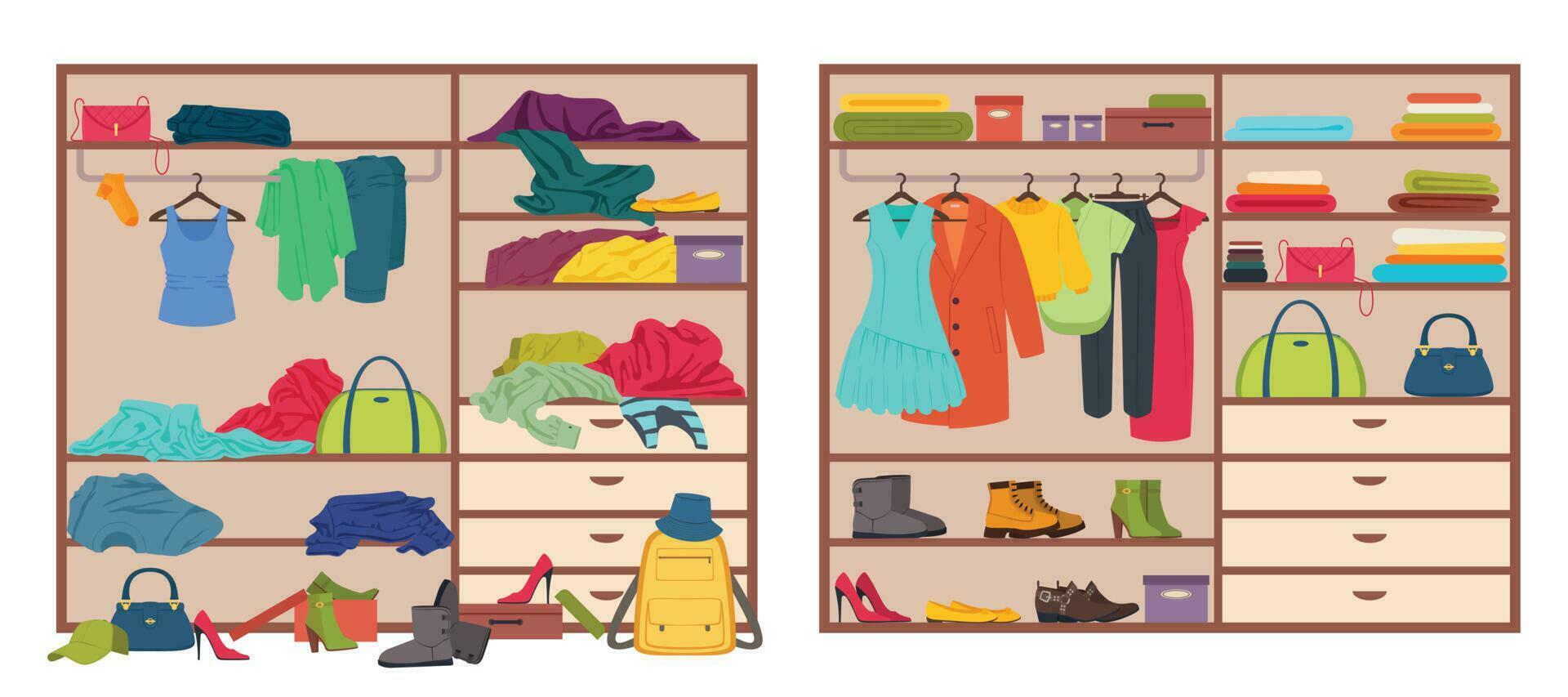 Messy wardrobe, open closet before and after organizing clothes. Tidy or untidy wardrobe, clothing declutter and organization vector illustration