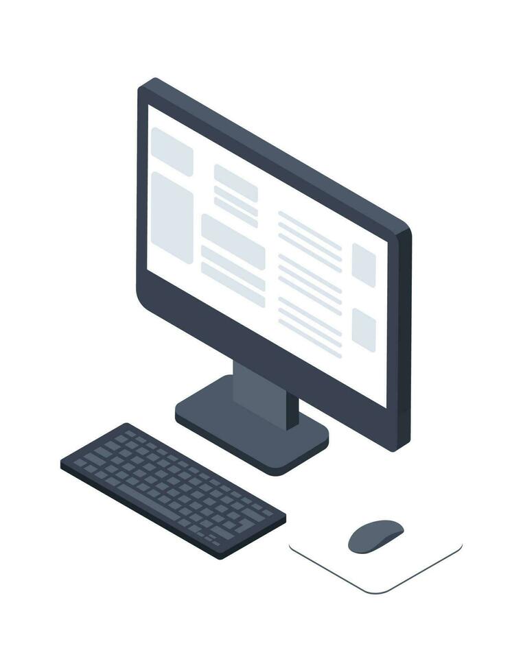 Desktop with monitor keyboard and mouse, 3d isometric vector