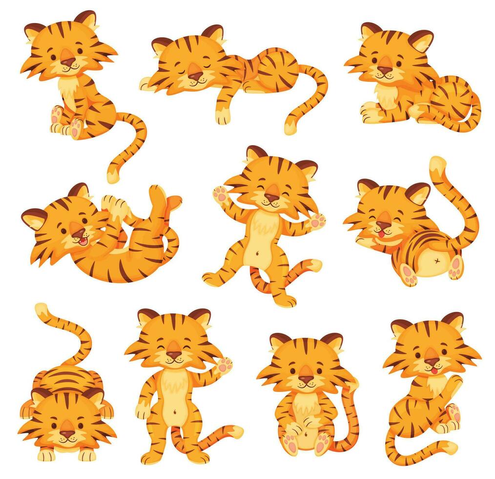 Cartoon cute tigers, happy little tiger cubs. Adorable baby tiger sleeping or playing, wild cats animal characters in various poses vector set