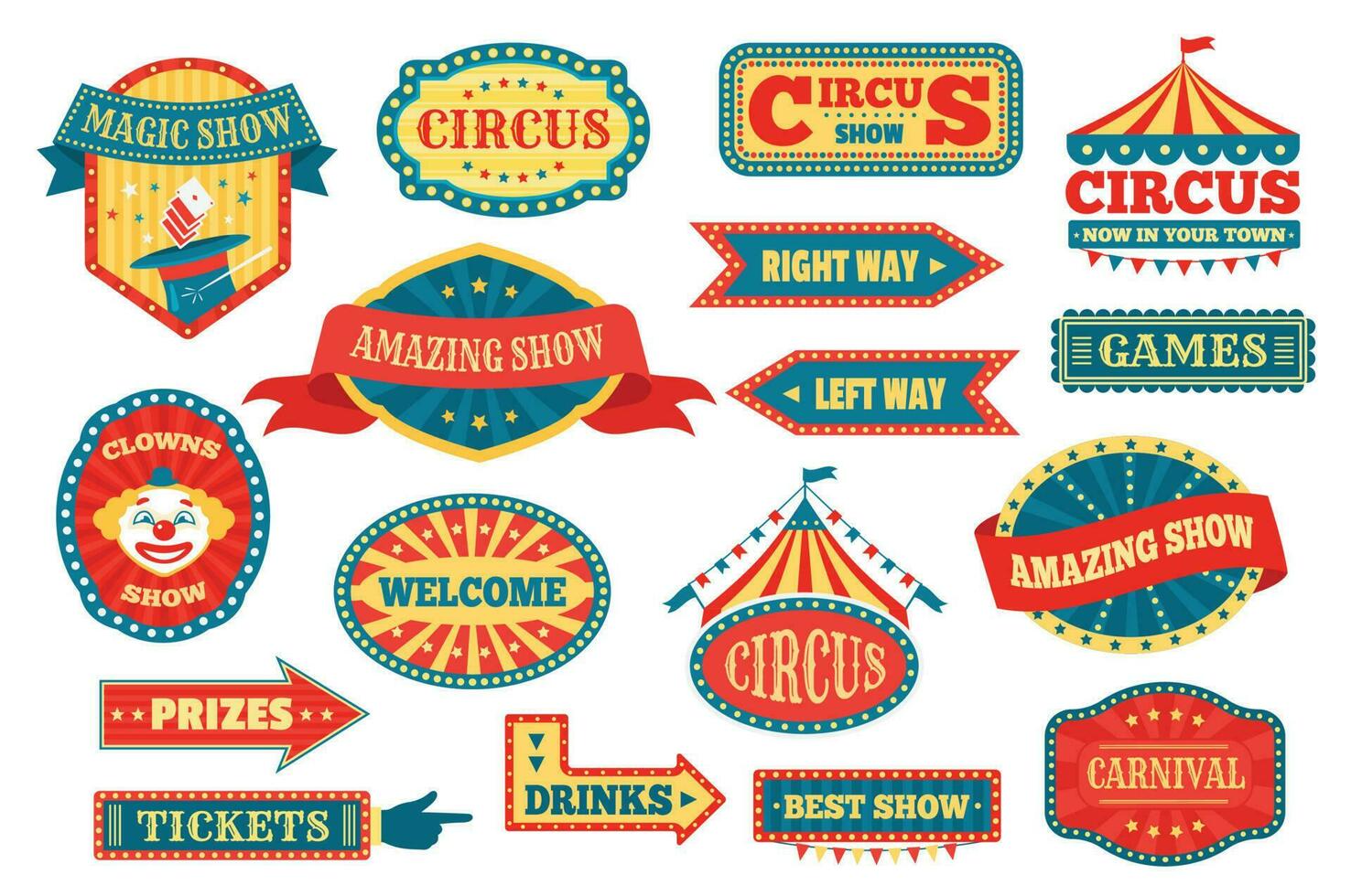 Circus labels and signs, retro fun fair carnival signboards. Vintage amusement park pointers, festival fairground event emblems vector set