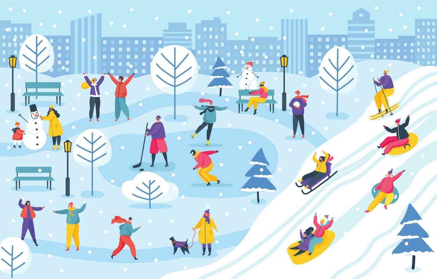 People in winter city park, characters sledding or ice skating. Family making snowman and having fun in wintertime outdoor vector illustration