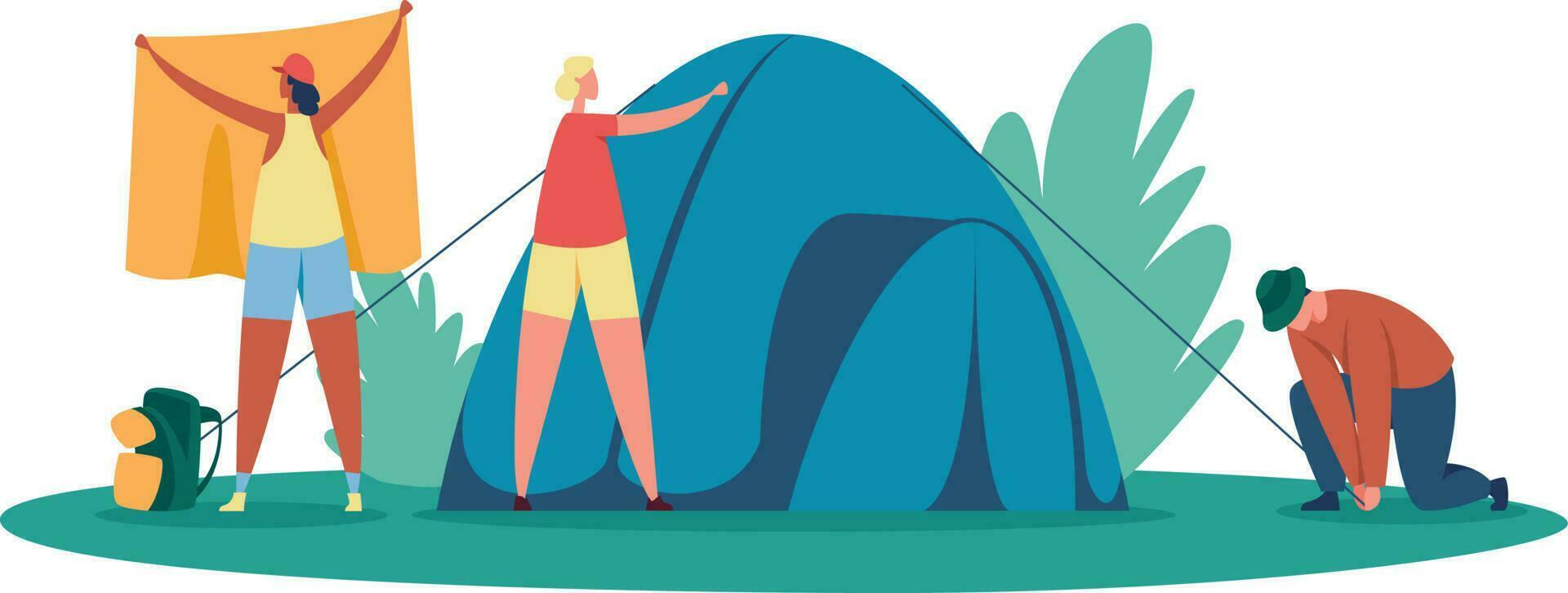 Tourists group setting tent for camp, outdoor rest vector