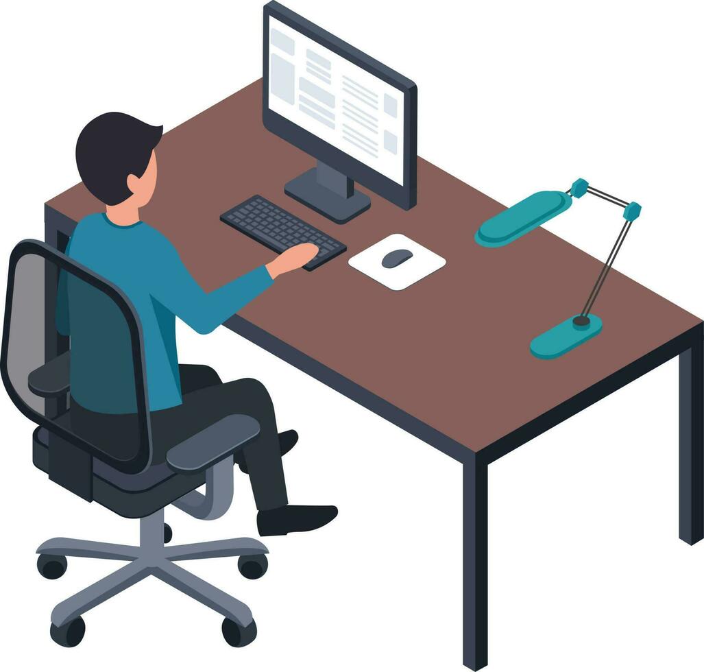 Man at work place use computer, developer or designer vector