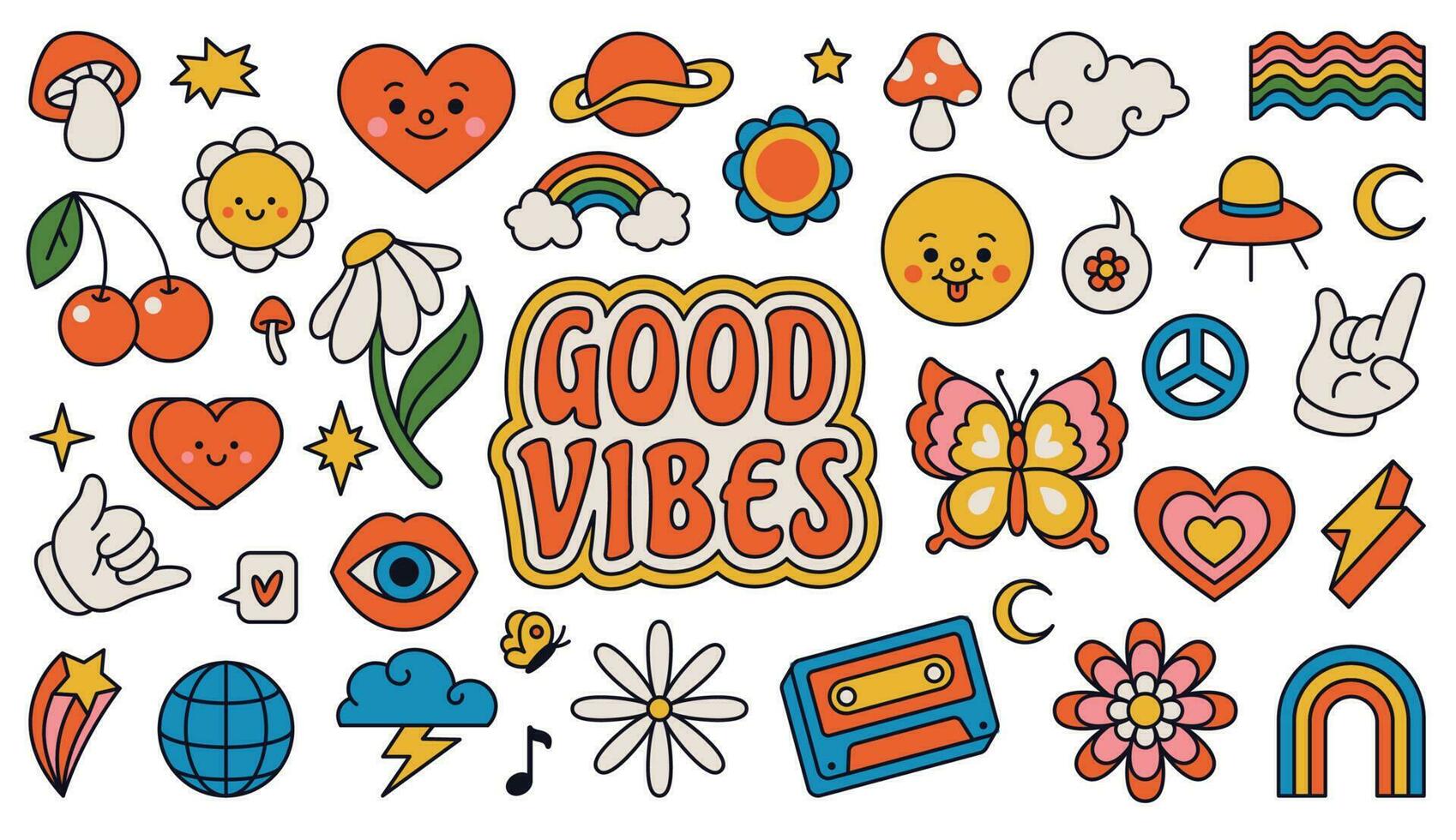 retro 70s maravilloso elementos, linda miedoso hippy pegatinas dibujos animados margarita flores, hongos, paz firmar, corazón, arcoíris, hippie pegatina vector conjunto