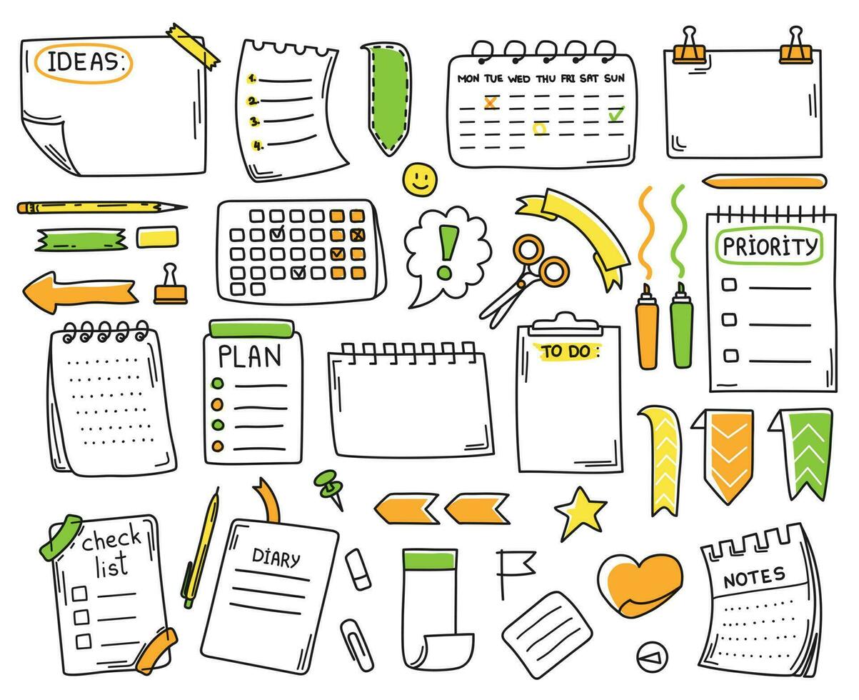 Cute journal doodles, hand drawn notebook diary elements. Sketch memo notes, paper sheets, to do list, calendar, journaling doodles Vector set