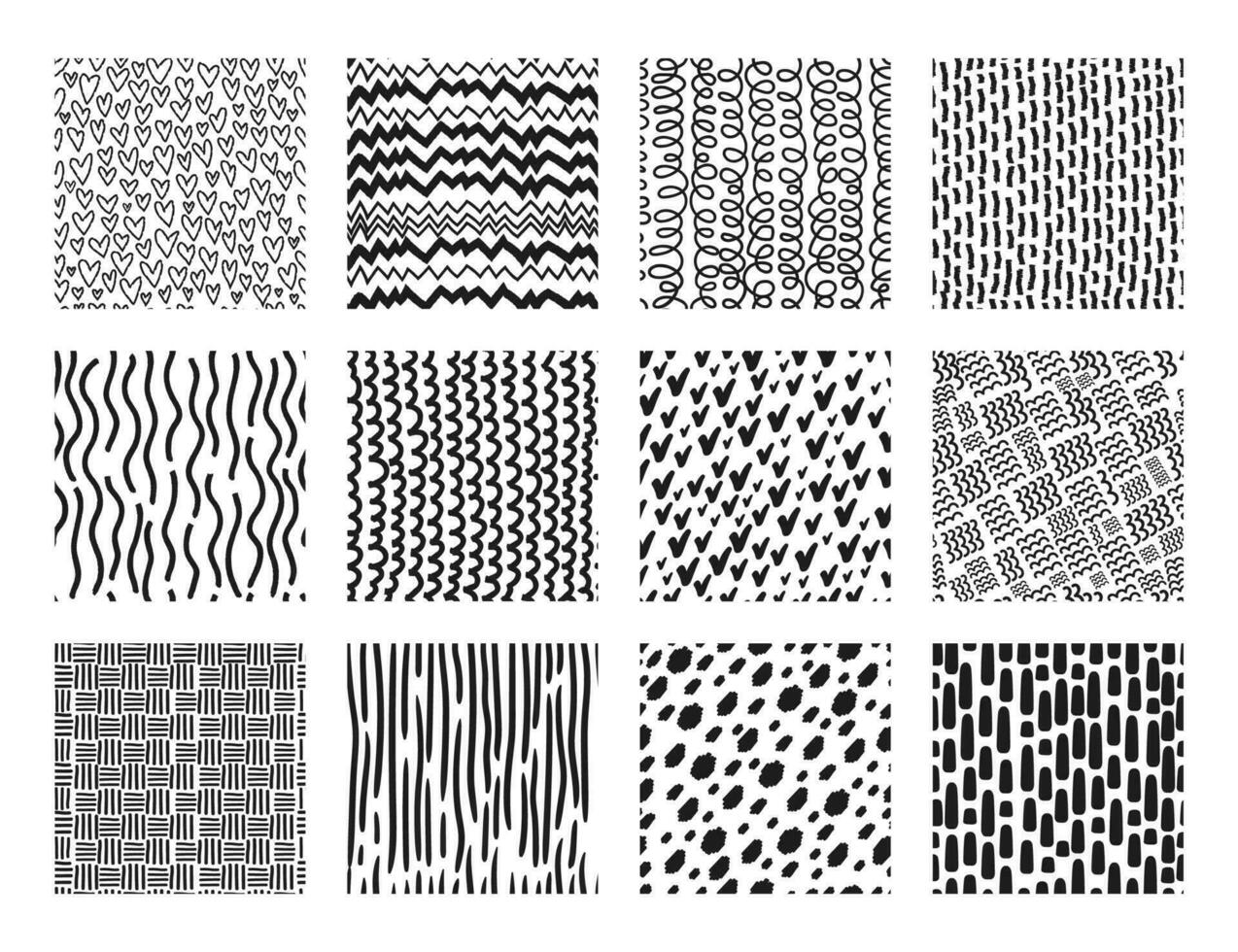 Cute hand drawn seamless patterns with dots, waves, scribbles. Abstract print or fabric pattern, hearts or lines doodles vector texture set