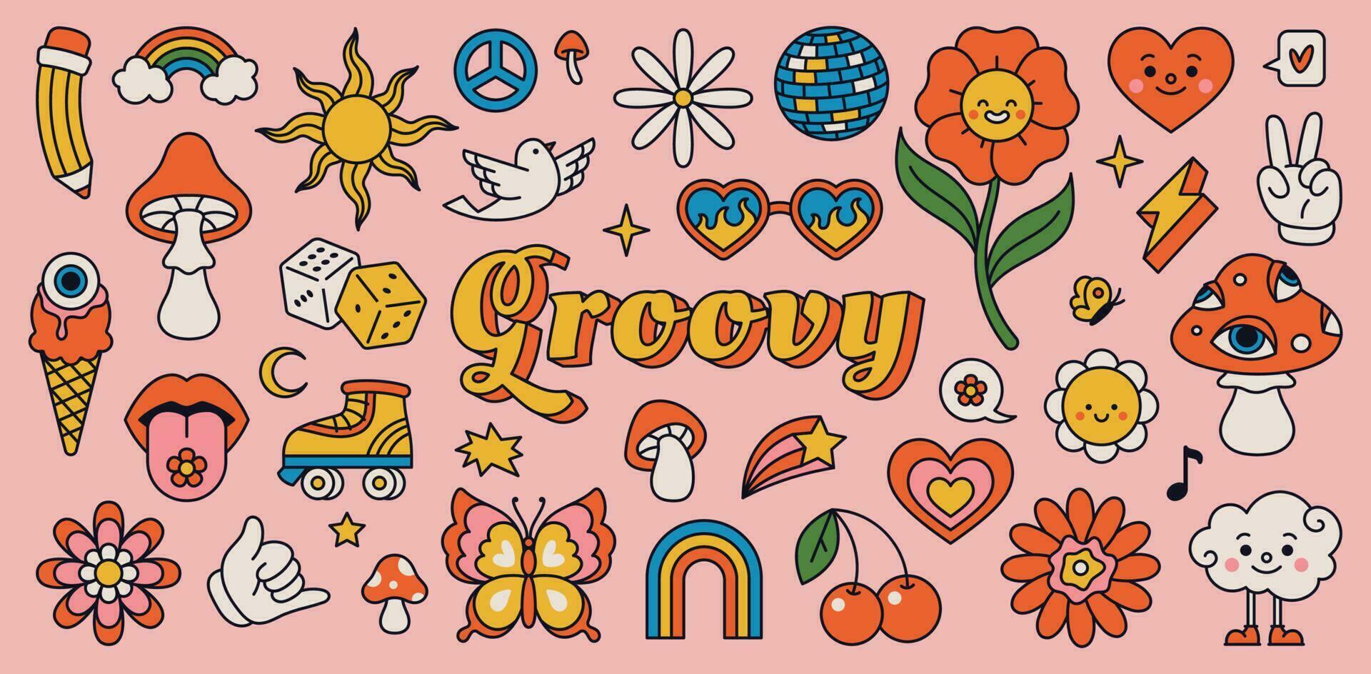 Retro 70s hippie stickers, psychedelic groovy elements. Cartoon funky mushrooms, flowers, rainbow, vintage hippy style element vector set