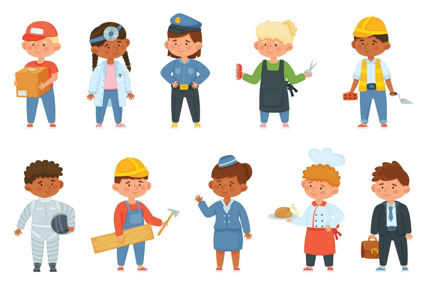 dibujos animados niños en profesional uniforme, niños de varios profesiones bombero, peluquero, astronauta, niño ocupación disfraz vector conjunto