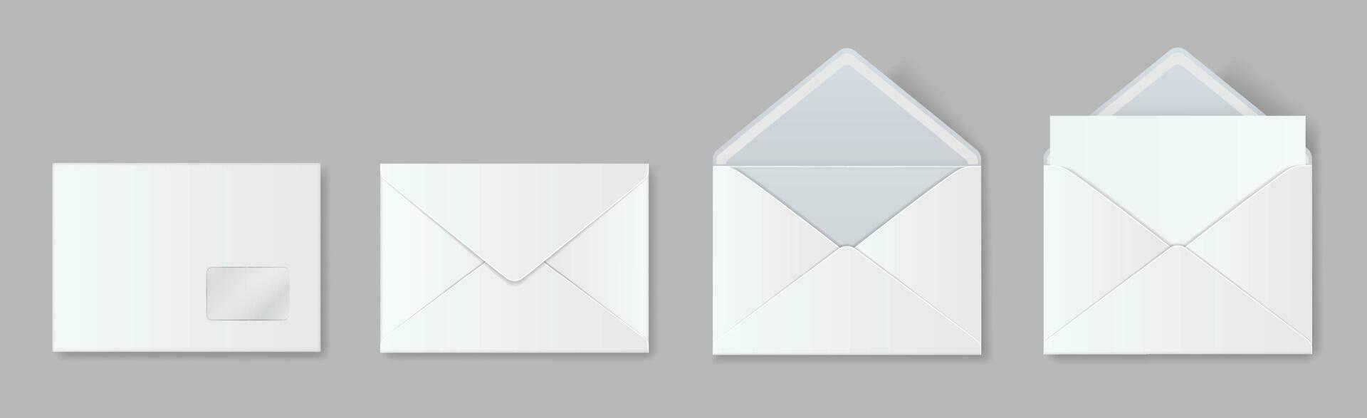 Realistic blank white envelope mockup, open and closed envelopes. Postal letter invitation, paper mail template front and back view vector set