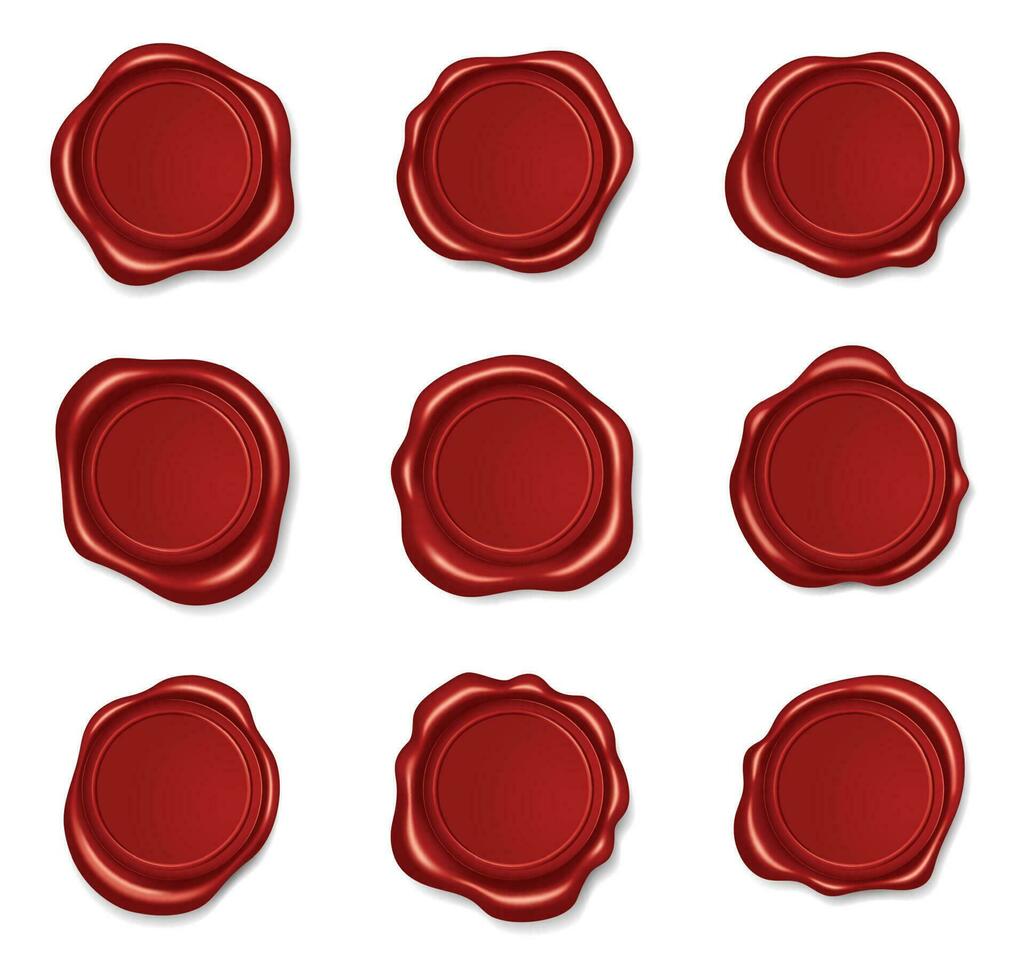 Realistic red wax seal, round sealing stamps. Embossing envelope stamp for envelope or certificate, medieval sealed letter label vector set