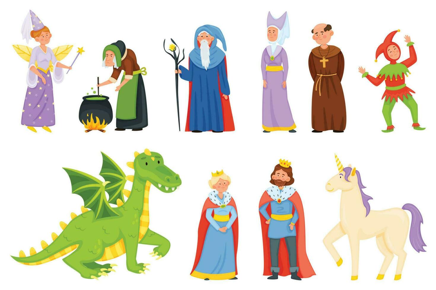 Cartoon medieval fairytale characters, magic unicorn and dragon. Fantasy fairy tale witch and magician, princess, king and queen vector set