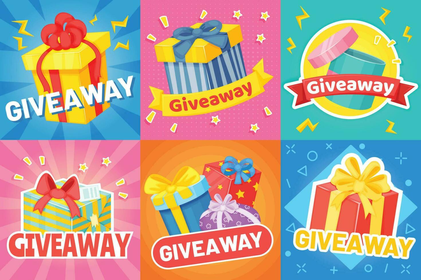 Giveaway poster with gift boxes, social media promo banner. Cartoon presents with ribbons, giveaways announcements banners vector set