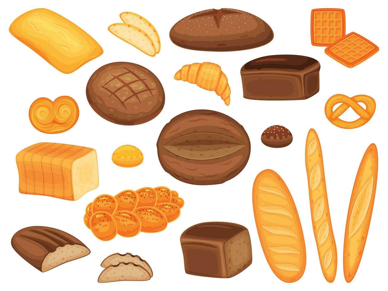 Cartoon bread, baguette, buns, pastry and bakery products. Fresh loaf of whole grain bread, croissant, pretzel, homemade pastries vector set