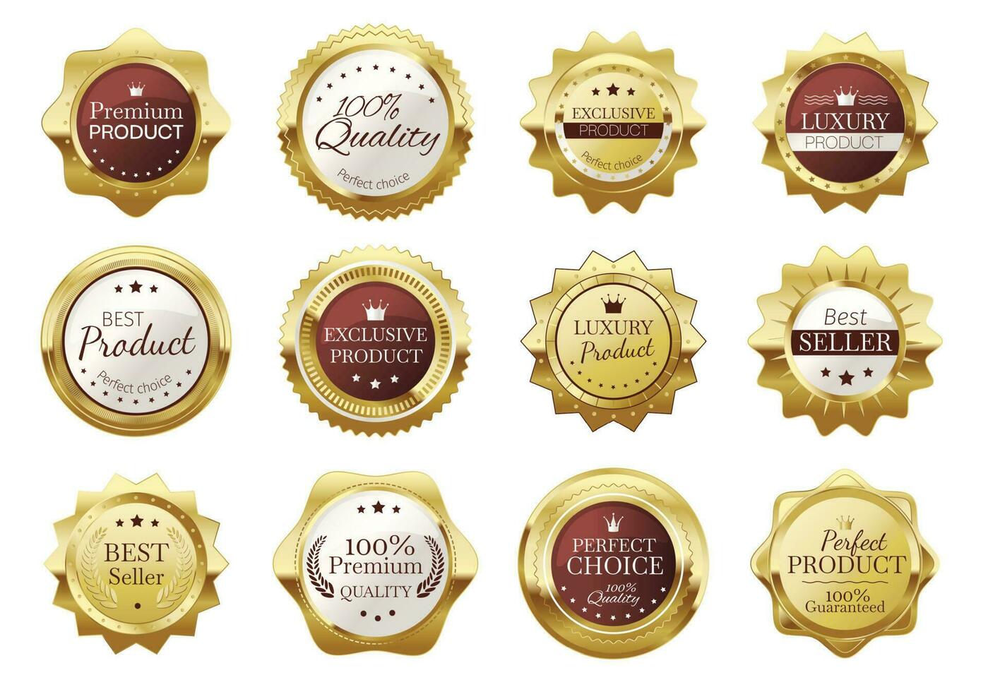 Golden badges, premium quality emblems, luxury seal labels. Realistic gold medal badge, vintage elegant product stamp labels Vector set