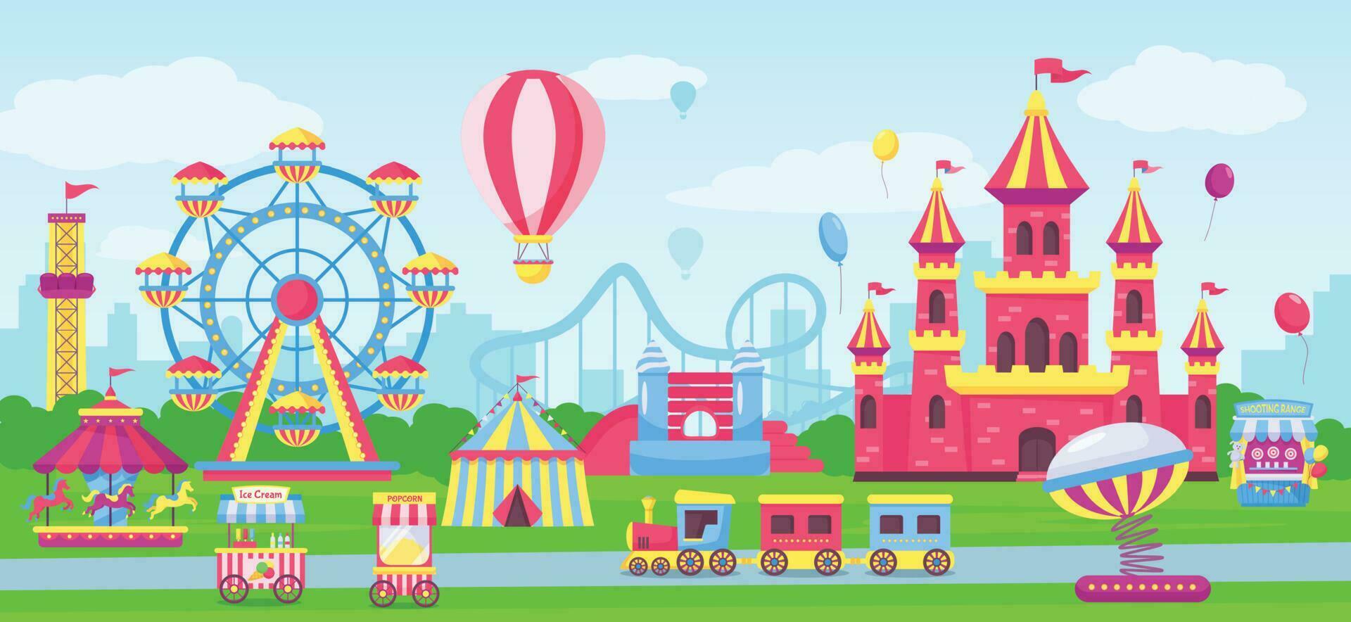 Amusement park with funfair attractions, carnival fairground rides. Cartoon circus tent, children castle, rollercoaster Vector illustration