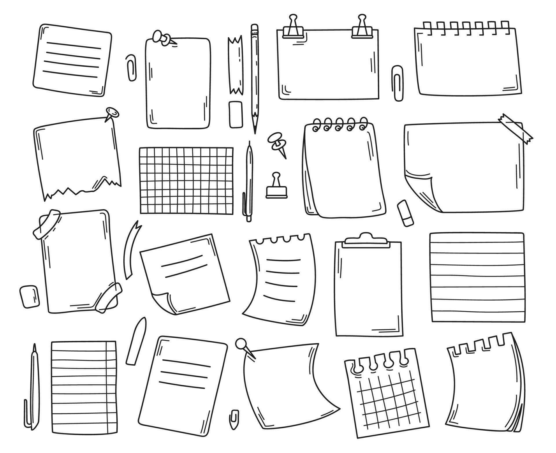 Doodle paper note, hand drawn notebook pages and sticky notes. Empty