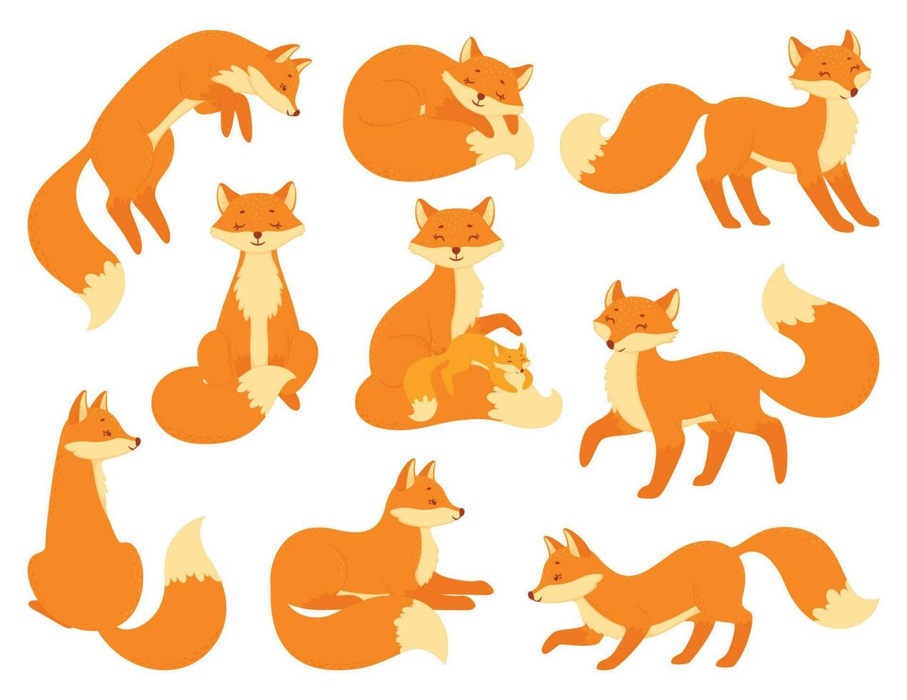 Cartoon red foxes sitting or sleeping, wildlife forest animals. Cute baby fox with mother, woodland animal mascot in different poses vector set