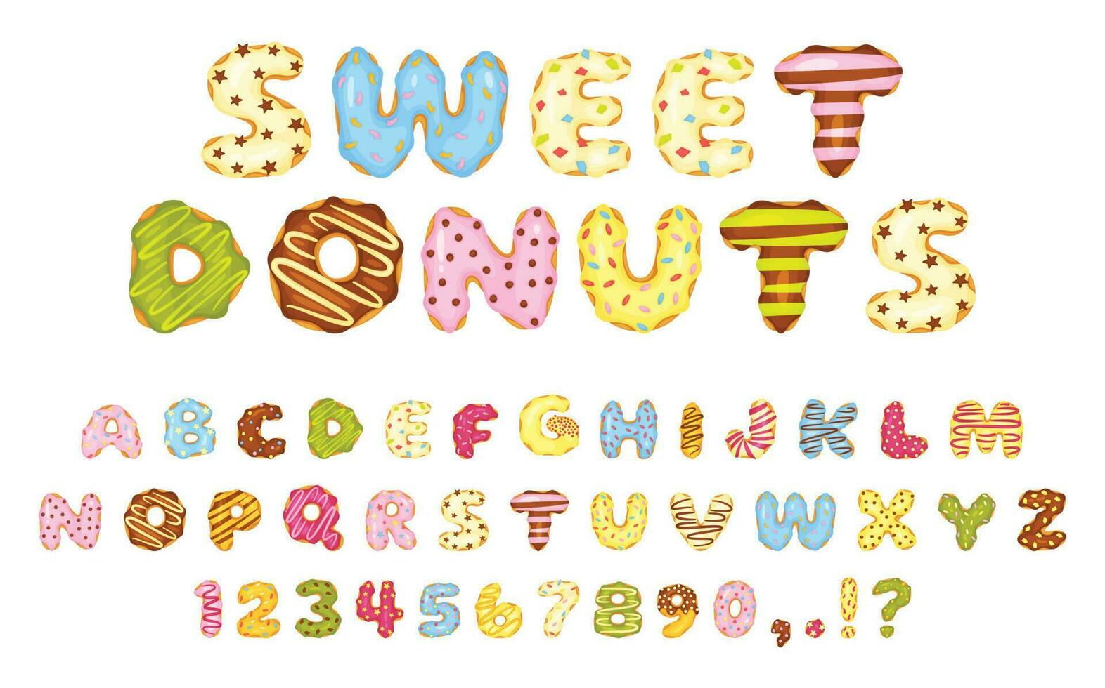 Cartoon sweet donuts font, colorful glazed donut letters and numbers. Cute dessert alphabet, delicious abc doughnuts with sprinkles vector set