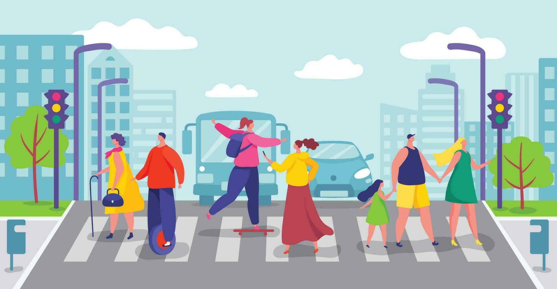 Group of people crossing city road, pedestrians walking on crosswalk. Characters cross street on pedestrian crossing Vector illustration