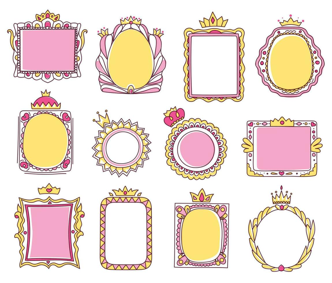 Cute hand drawn pink princess frames with crowns. Sketch photo or mirror frame with tiara, girly doodle border for baby princesses vector set