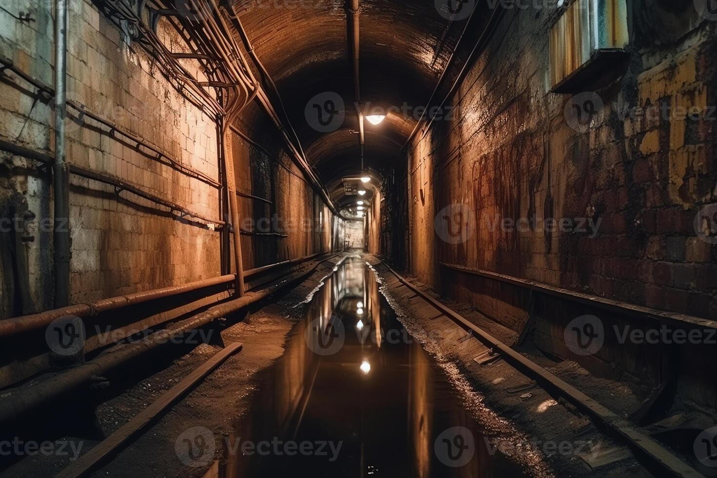 antiguo histórico abovedado inundado subterráneo drenaje túnel. ai generado foto