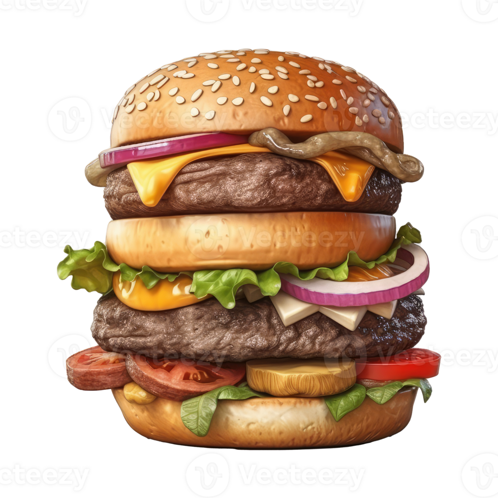 burger with meat, tomato, lettuce, cheese, and sauce . png